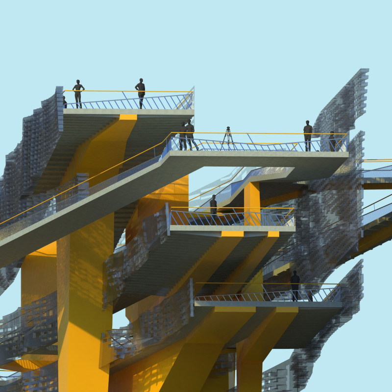 Overlapping Metal Screen and Precast Concrete Structure Amidst Wetland Views