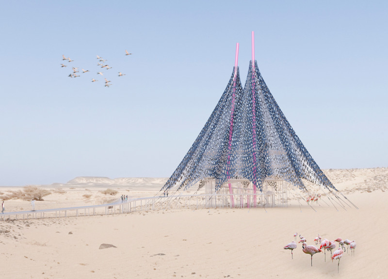 Pink Columns and Metallic Mesh in a Desert Observation Space