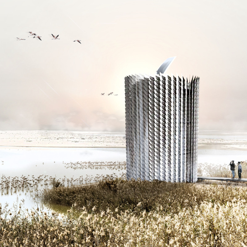 Mirrored Glass Tip Embracing Grey Larch in a Cylindrical Wetland Observatory