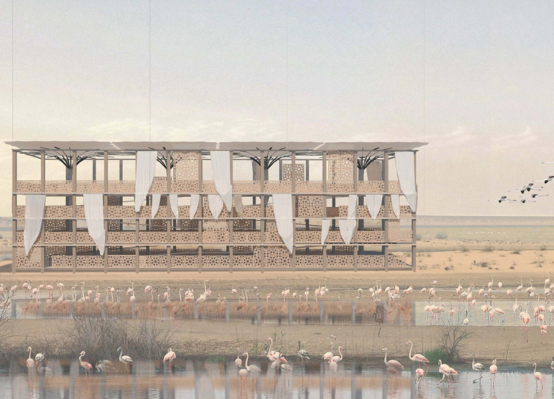 Umbrella Canopy Overlooking Wetlands with Interactive Wooden Screens