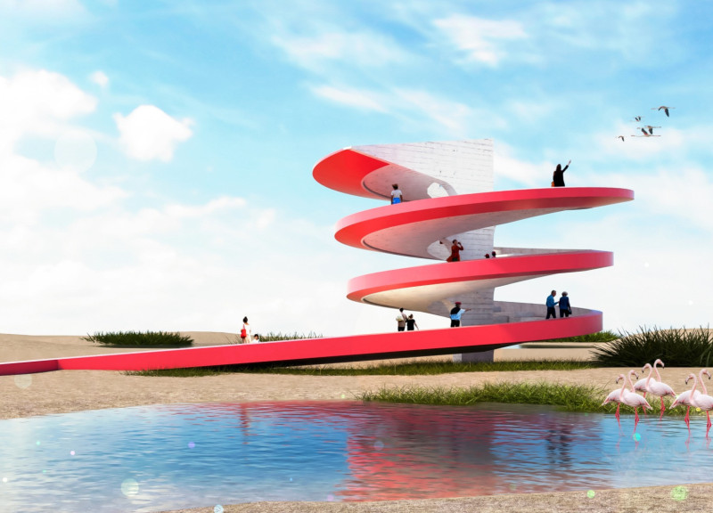 Vibrant Pink Observation Tower with Recyclable Features