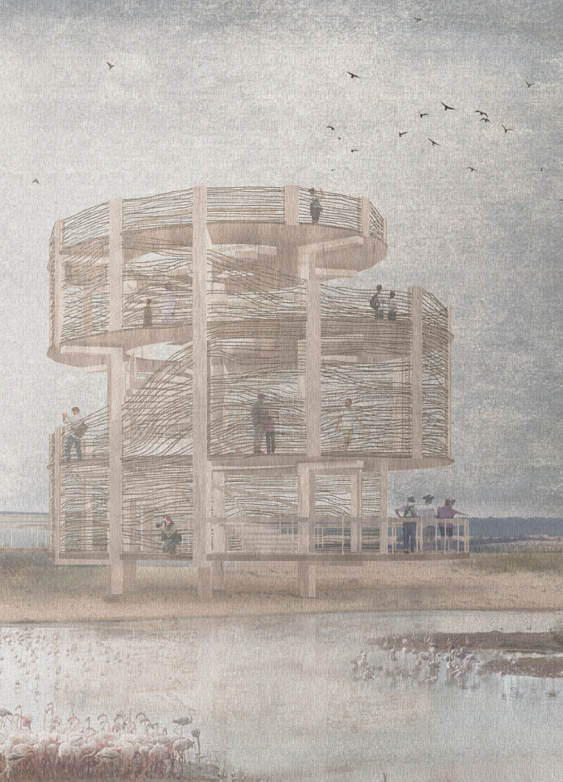 Rattan Barriers and Wooden Form in an Ecological Observation Tower