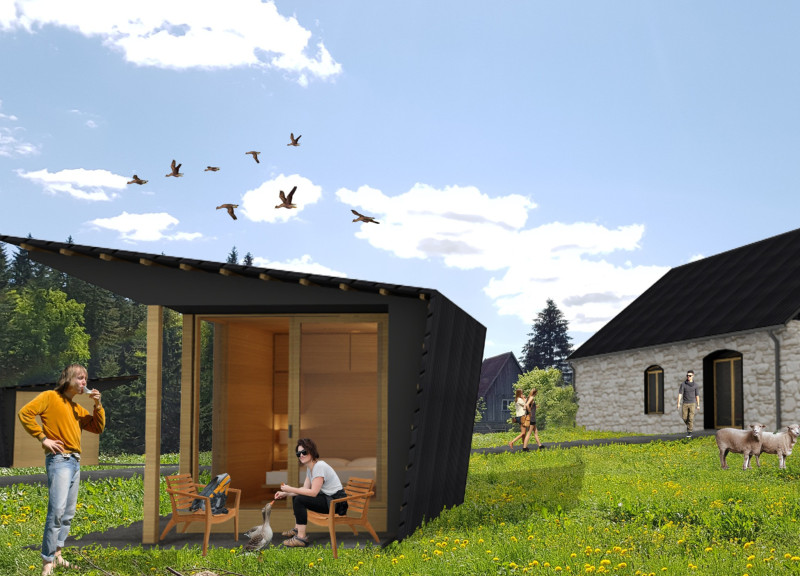 Stone Barn Integration with Wooden Cabins and Tea Production on Lake Bezdibenė