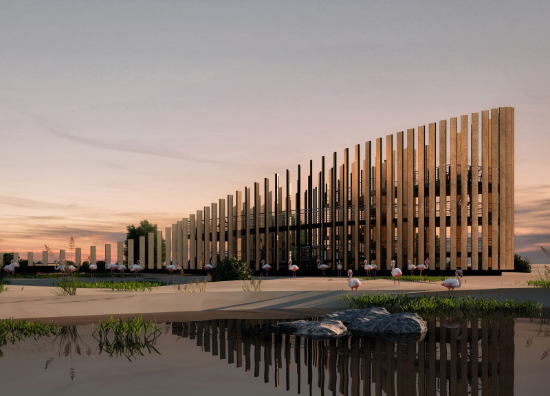 Fluid Spline Structure with Composite Wood and Sun Shades for Wildlife Observation