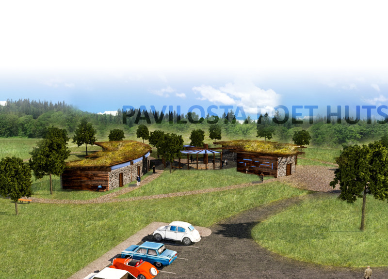 Meditation Pond and Flexible Spaces Embrace Natural Brown in Community Huts