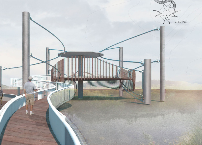 Circular Viewing Platform Enhanced by Tensioned Steel and Natural Reeds