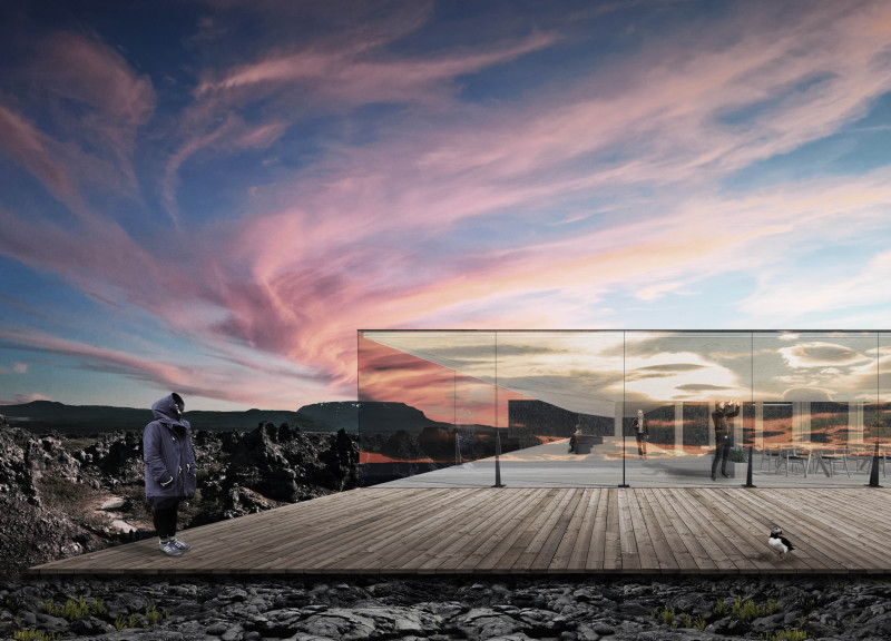 Reflective Lavastone Wall Framing Panoramic Views in Icelandic Landscape