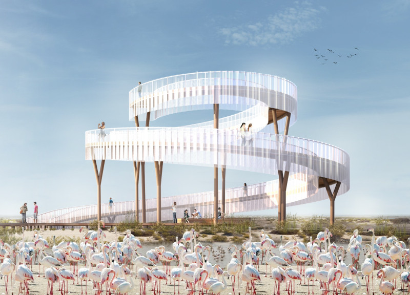 Spiraling Steel Columns with Perforated Metal Screen Overlooking Wetland Biodiversity