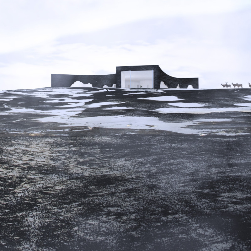 Cavern Windows and Dark Concrete Harmonize with Volcanic Landscape