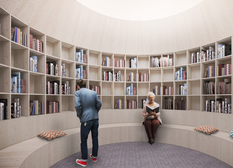 Fabric Curtain Pavilion with Circular Shelves for Community Reading