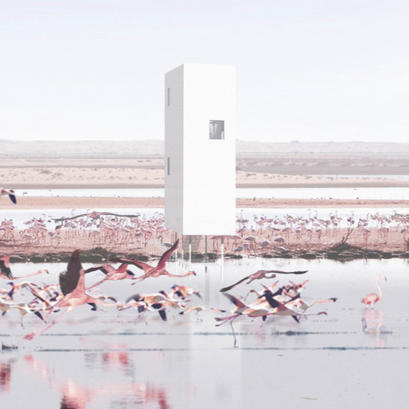 Elevated Observation Platform with Reflective Walls and Perforated Steel Floors