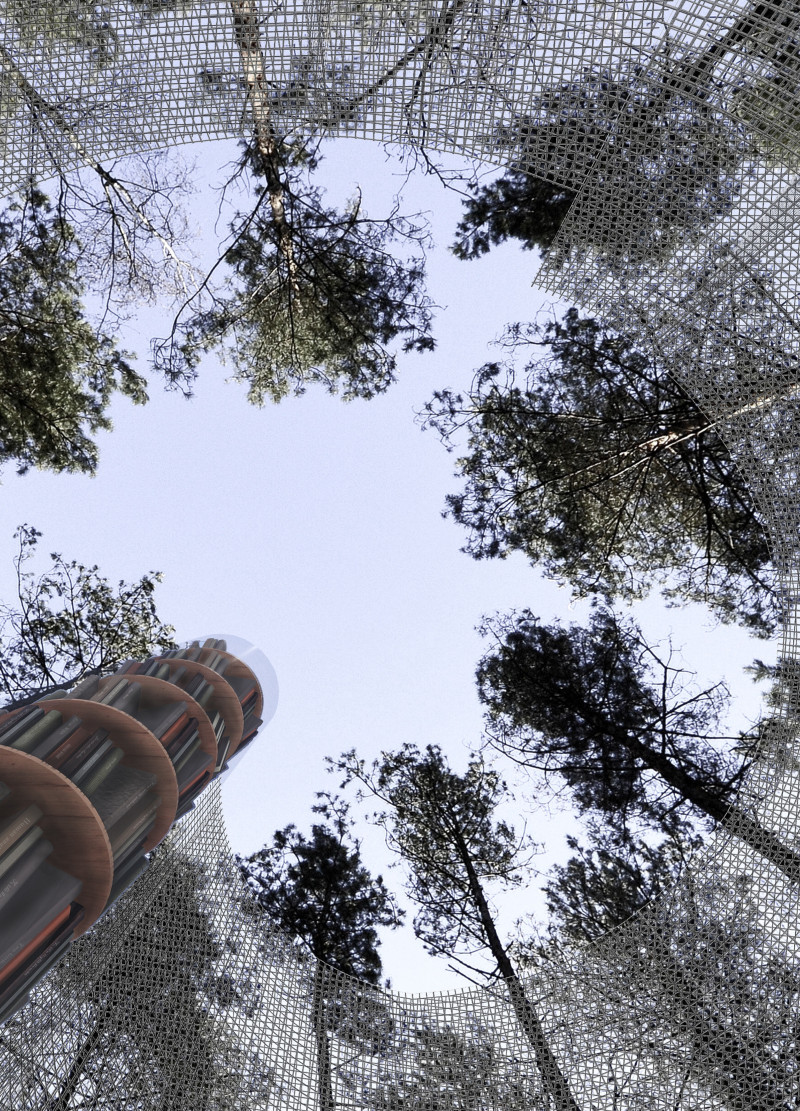 Sinuous Gabion Walls Enclosing a Larch Hearth for Community Reading Spaces