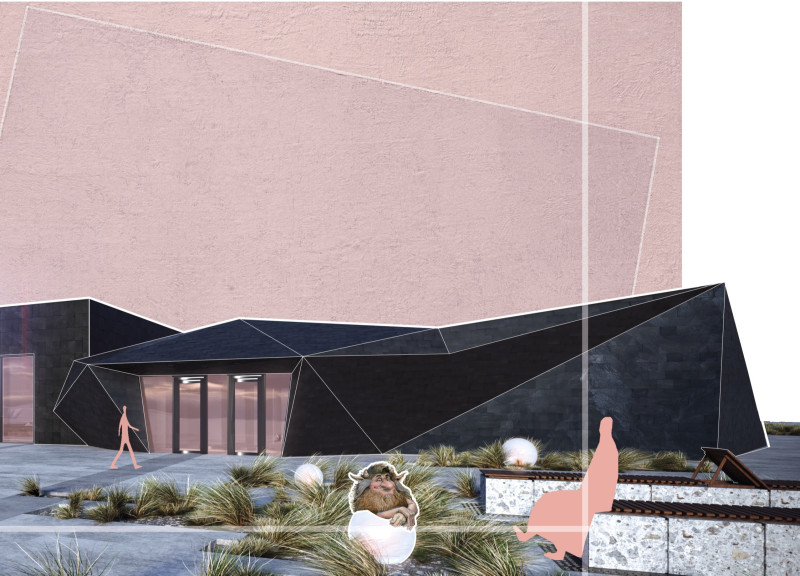 Natural Slate and CLT Integration Elevates Community Space Amidst Volcanic Landscapes