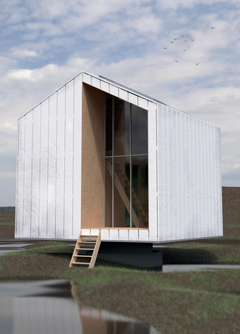 Buoyant Flood-Resistant Design Featuring Acacia Wood and Reflective Cladding for Enhanced Sustainability