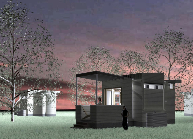 Pivoting Spaces with Millwork Elements and Rainwater Features in a Compact Microhome