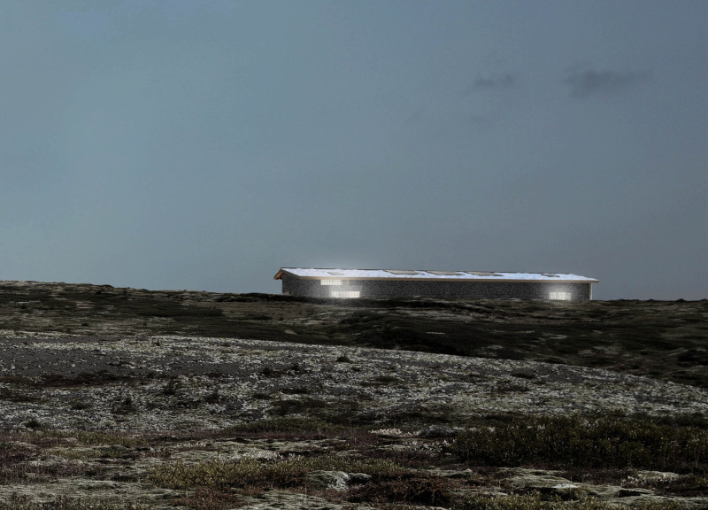 Dark Brick Structure Framing Hverfjall's Crater Through Reflective Light Panels