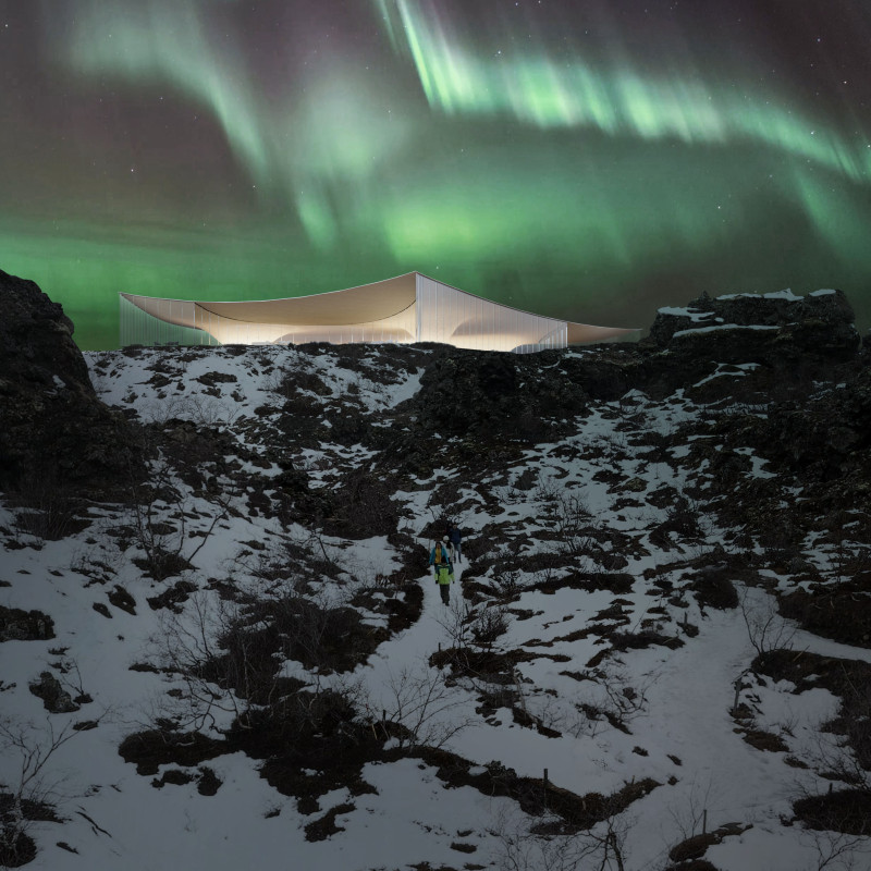 Glazed Prism Structure with Panoramic Terraces Overlooking Volcanic Landscape