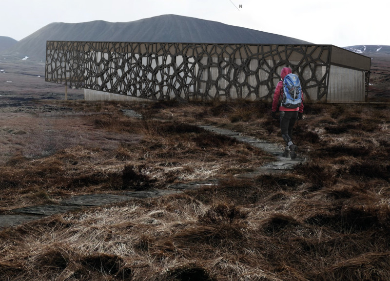 Elevated Glass Structure Framed by Metal Envelope with Black Lava Views
