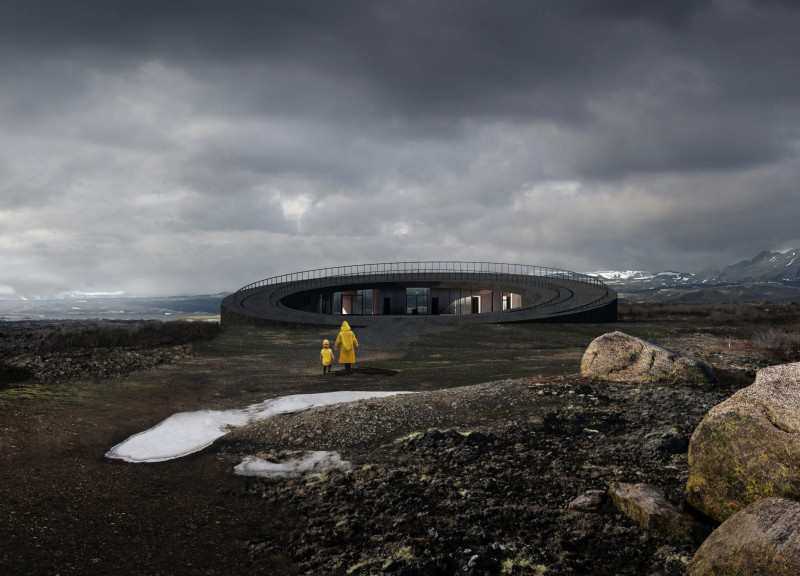 Dark Stone Cylindrical Form Harmonizing with Volcanic Landscape
