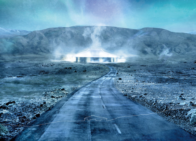 Basalt Formation Embraced by a Membrane in a Community-Focused Guesthouse