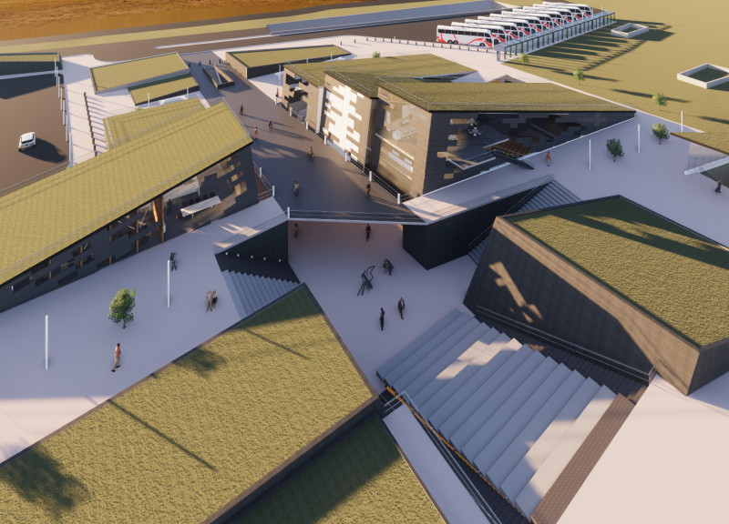 Basalt Tiles and Green Roofs in a Volcanic Landscape Visitor Center