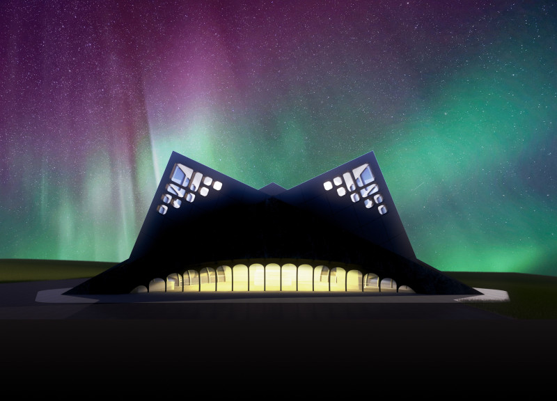 Balconies Overlooking Volcanic Landscapes in a Multi-Level Exhibition Space