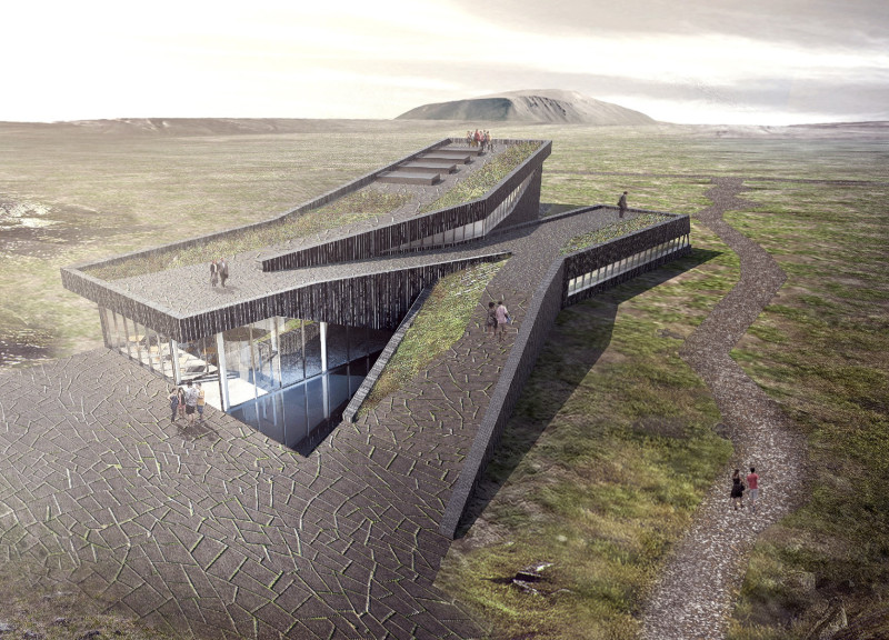 Zigzag Roof Structure with Smoked Wood and Lava Stone in a Volcanic Landscape
