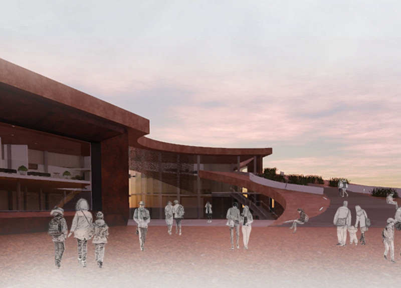 Volcanic Gabion Walls Framing Natural Views in Cultural Education Center