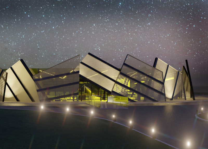 Backlit Volcanic Core in Concrete and Glass Museum Design