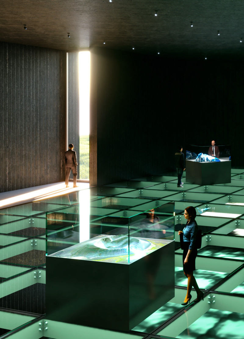 Gray Concrete Panels Framed by Natural Light in a Landscape-Embedded Educational Space