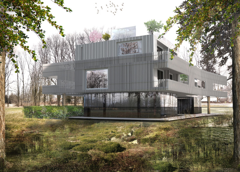 Timber Frames over Mirrored Glass in Elevated Forest Living