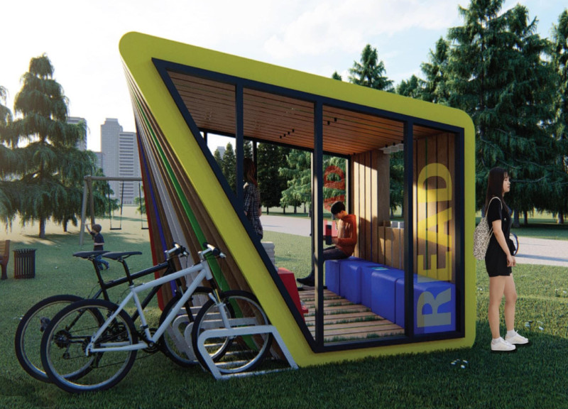 Solar-Powered Community Hub with Plywood Structure and Skylight Design