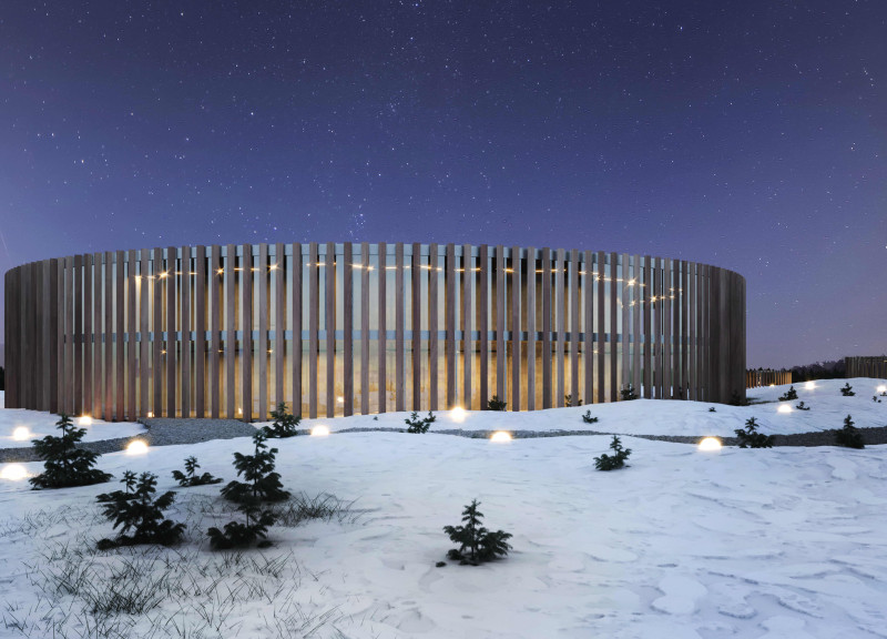 Crater Atrium with Reflective Glass in Volcanic Landscape