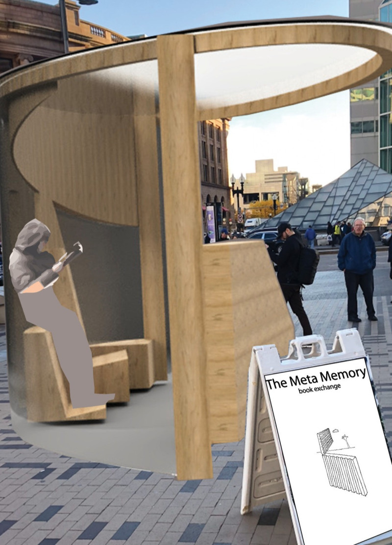 Wedge-Shaped Structure with Translucent Coroplast and Red Oak for Urban Book Exchange