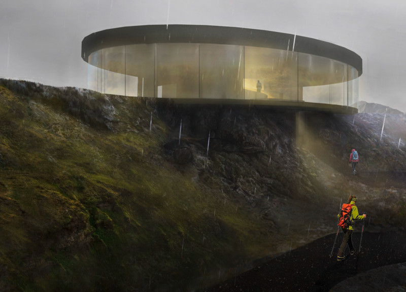 Circular Visitor Center with Prominent Open Fireplace
