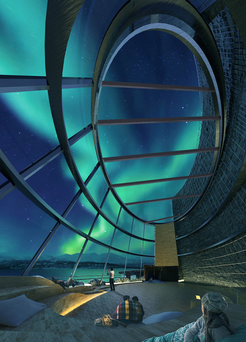 Gabion Walls Nestled Among Hollow Pillars in a Northern Lights Observation Center