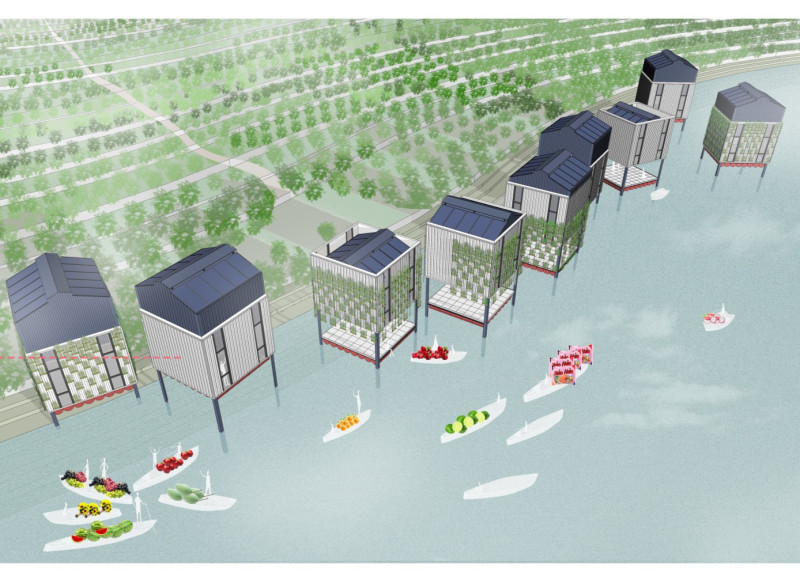 Sustainable Housing Elevated on Pilings with Recycled Plastic and Solar Integration