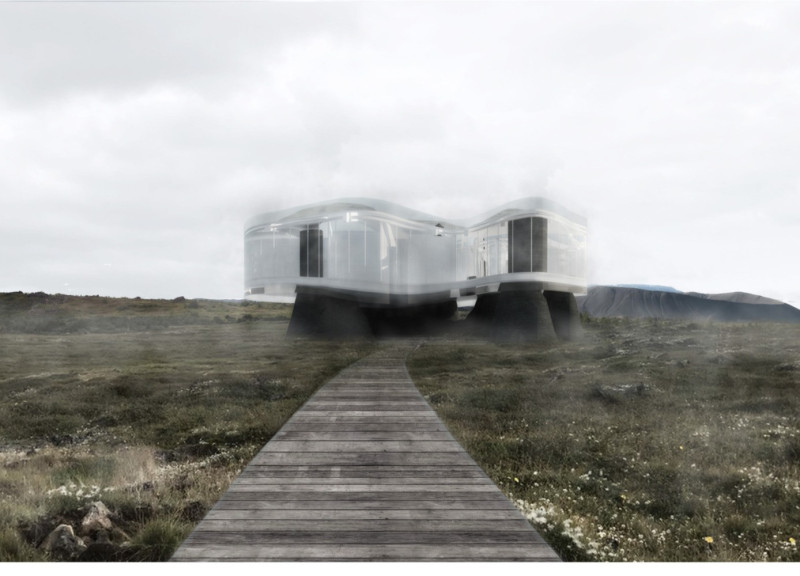 Experiencing Northern Lights Through a Half-Glazed Roof over Geomimicry Inspired Volcanic Layers