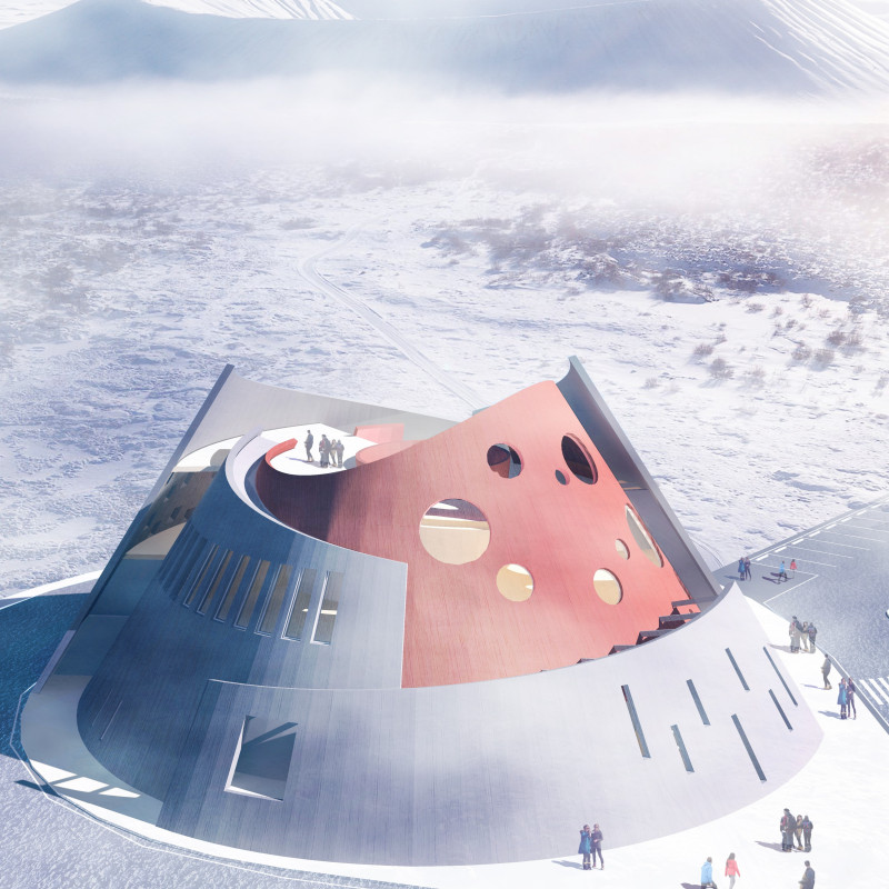 Central Shaft and Glass Curtain Capture Views of a Volcanic Landscape