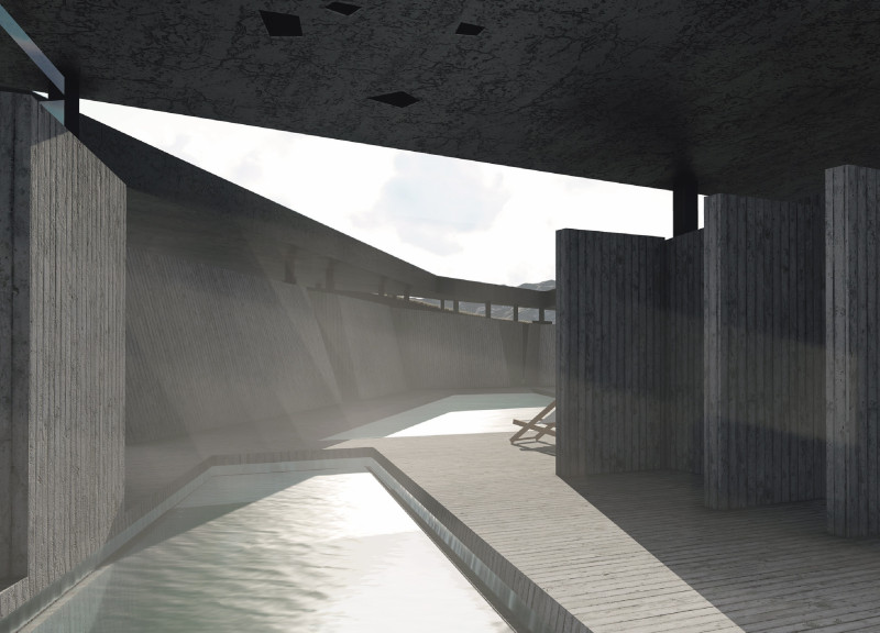 Elevated Observation Deck Crafted from Concrete and Wood in Geothermal Landscape