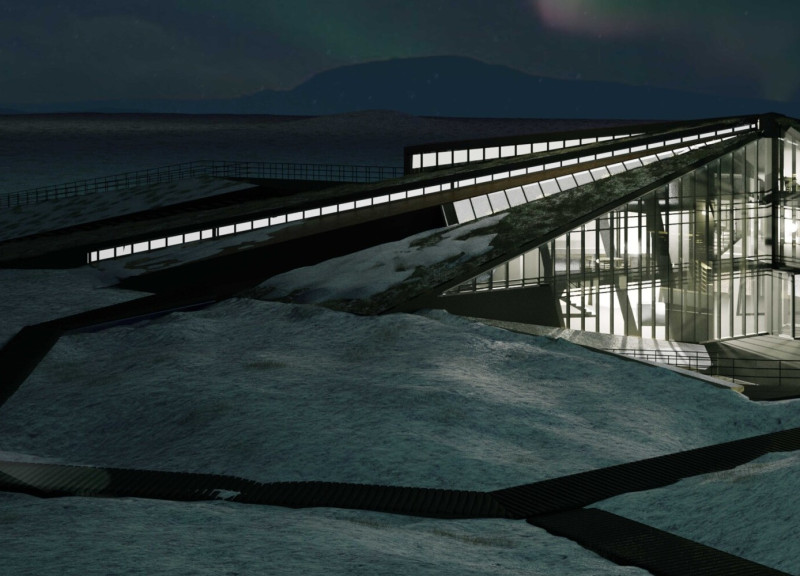 Triangular Structure with Corten Steel and Green Roofs Emphasizing Natural Views