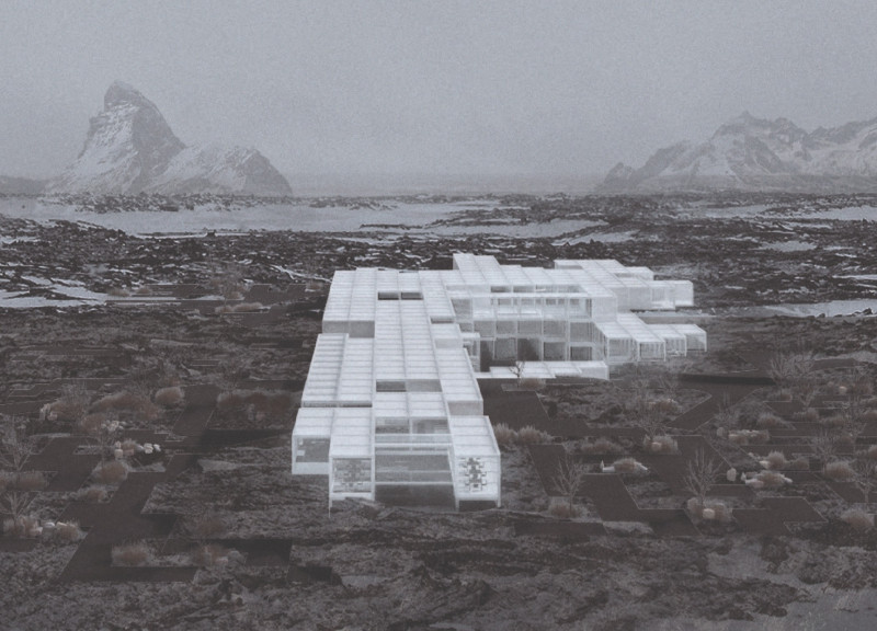 Steel Modules Framing an Open Square Amid Natural Pools