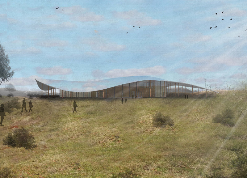 Reflective Roof and Wooden Columns in a Volcano Education Hub
