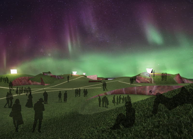 Iridescent Metal Forms Amidst Organic Landscapes for Artistic Reflection