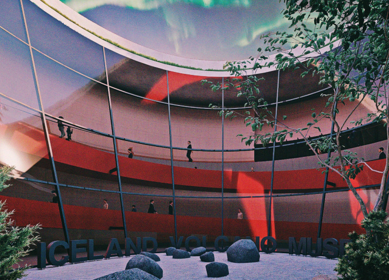 Red-Tinted Glass Embracing Volcanic Rocks in a Caldera-Inspired Learning Space
