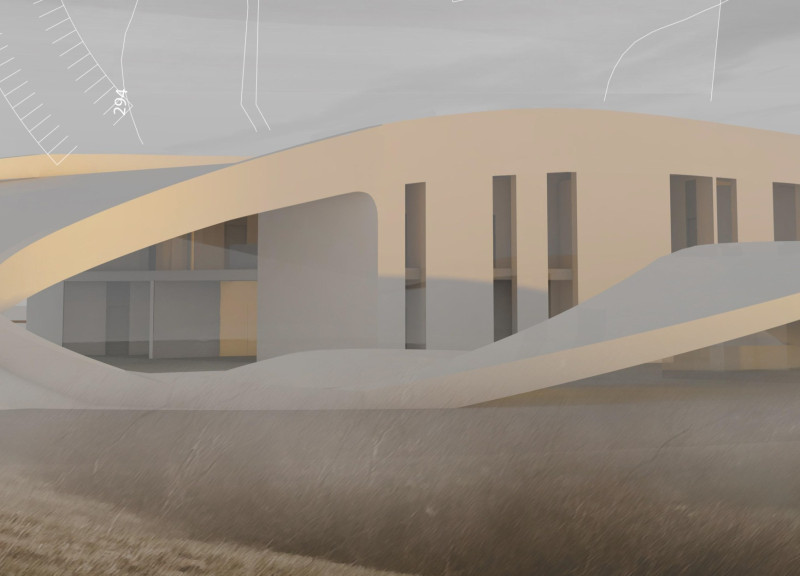 Geothermal Building with Transparent Glass and Natural Stone Elements