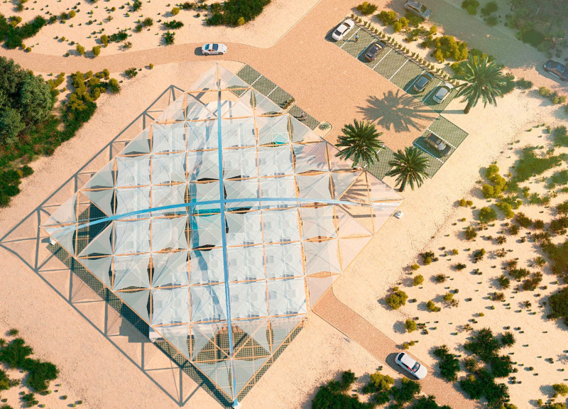 Laminated Canopy Overlooking a Central Courtyard with Water Features