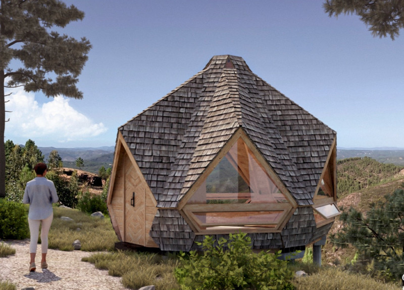 Hexagonal Retreat Emphasizing Natural Brown Tones in a Forest Environment