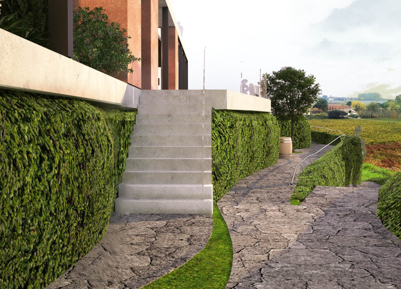 Black Stone Walls Framing White Façades in a Vineyard Tasting Space