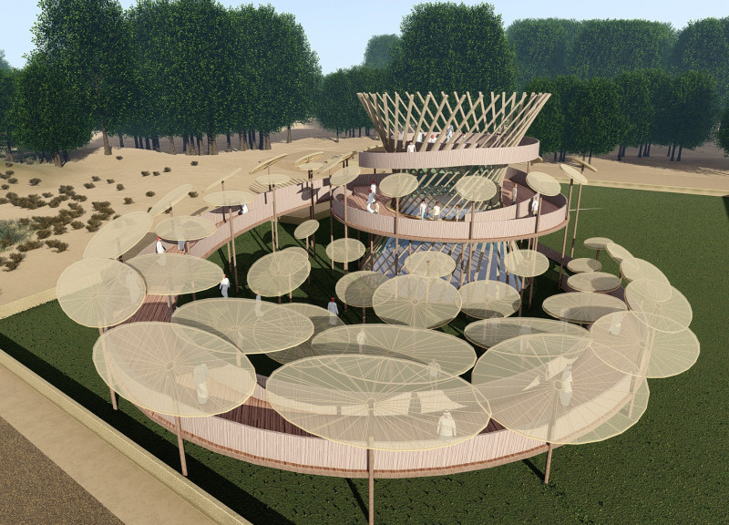 Curvilinear Wooden Structure with Fabric Shading for Community Engagement